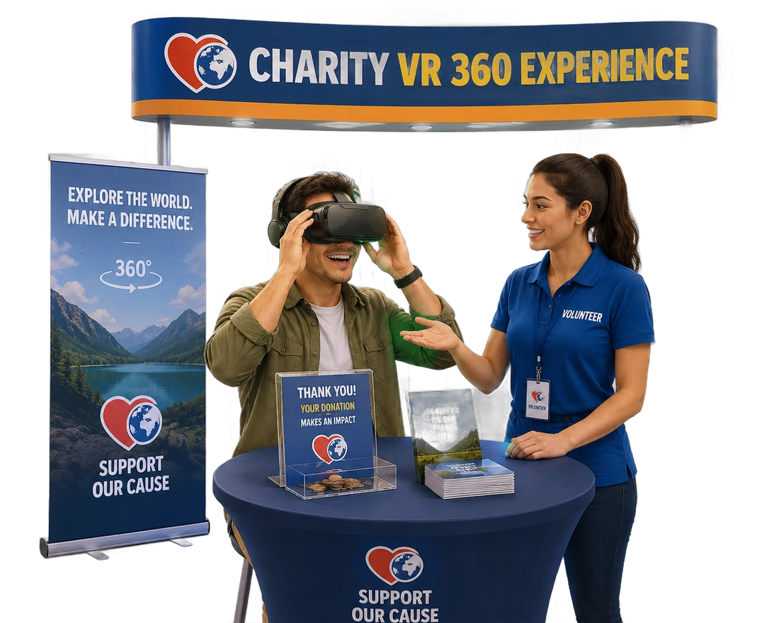 The DOGO Charity VR 360 Experience booth with a volunteer guiding a visitor through a headset demo